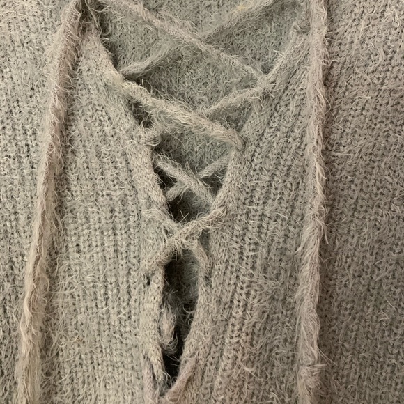 Cotton Candy Fuzzy Grey Lace Up Cozy Sweater - Picture 6 of 9